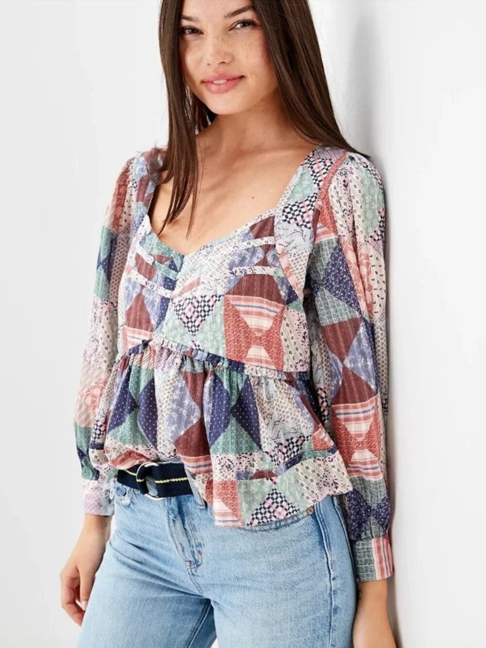 American Eagle AE Mixed Pattern Long-Sleeve Babydoll Boho Patchwork Blouse S